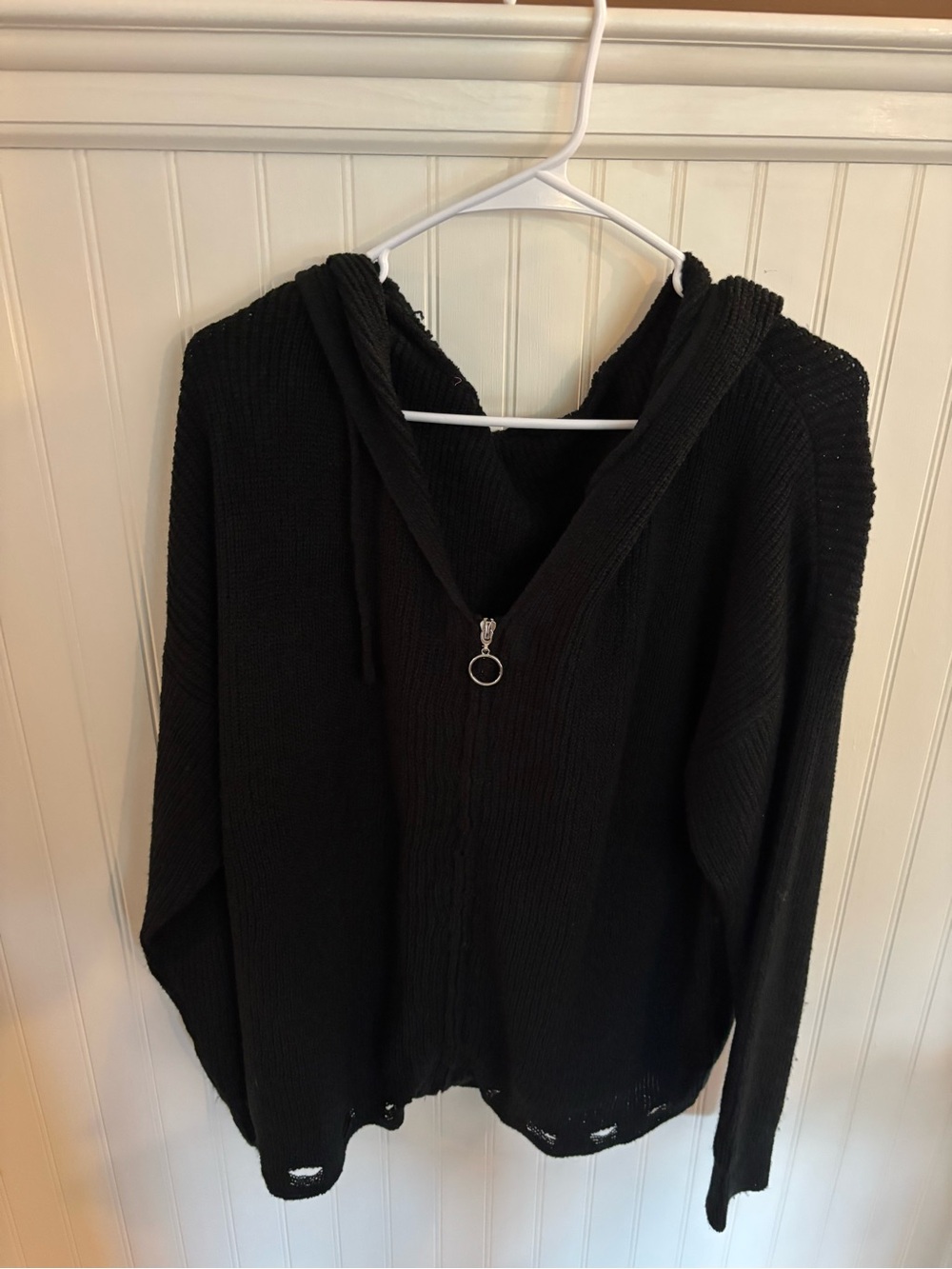 Black Hooded Knit Sweater with Ring Zip